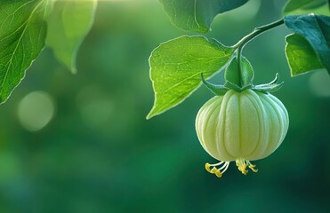Close-up of a lime green fruit on a tree with a flower and leaves, a fresh and healthy food concept, with a blurred background 