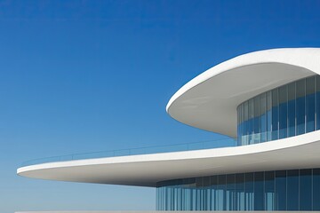 Modern architecture building facade, curved design, clear blue sky