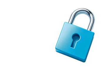 digital lock icon, cyber security symbol, holographic effect, metallic and blue, isolated on white background png cut