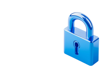 digital lock icon, cyber security symbol, holographic effect, metallic and blue, isolated on white background png cut