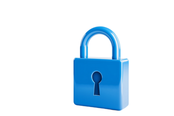 digital lock icon, cyber security symbol, holographic effect, metallic and blue, isolated on white background png cut