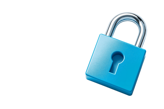 digital lock icon, cyber security symbol, holographic effect, metallic and blue, isolated on white background png cut