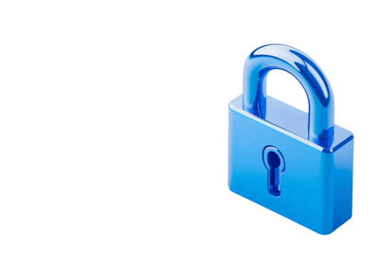 digital lock icon, cyber security symbol, holographic effect, metallic and blue, isolated on white background png cut