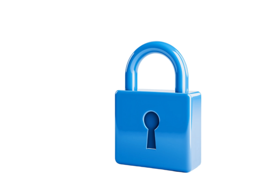 digital lock icon, cyber security symbol, holographic effect, metallic and blue, isolated on white background png cut