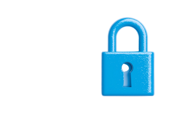 digital lock icon, cyber security symbol, holographic effect, metallic and blue, isolated on white background png cut