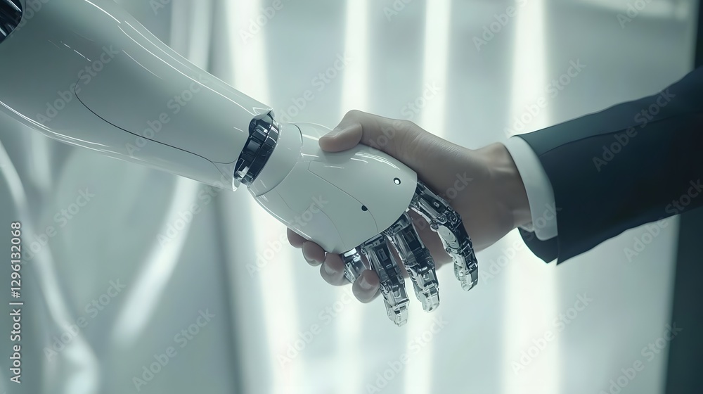 Poster a human and a robotic hand engaging in a handshake in a futuristic setting with ambient lighting