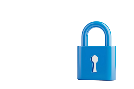 digital lock icon, cyber security symbol, holographic effect, metallic and blue, isolated on white background png cut