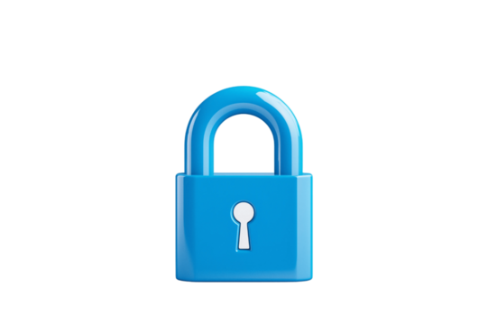 digital lock icon, cyber security symbol, holographic effect, metallic and blue, isolated on white background png cut