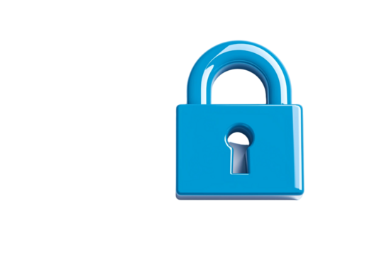 digital lock icon, cyber security symbol, holographic effect, metallic and blue, isolated on white background png cut