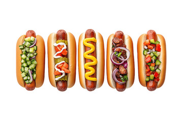 Close-up of hot dogs with toppings, American street food concept, hyper-realistic, isolated on white background	
