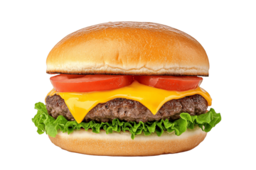 Street food burger with dripping cheese, bold colors, pop art style, isolated on white background	
