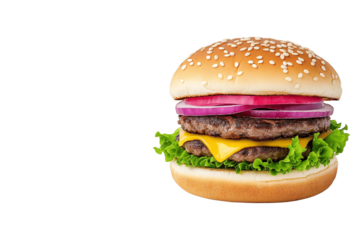 Street food burger with dripping cheese, bold colors, pop art style, isolated on white background	
