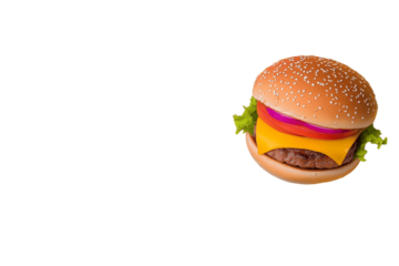 Street food burger with dripping cheese, bold colors, pop art style, isolated on white background	
