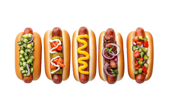 Close-up of hot dogs with toppings, American street food concept, hyper-realistic, isolated on white background	
