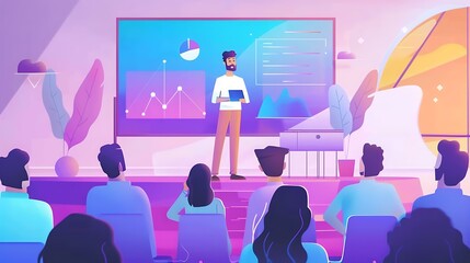 Entrepreneur giving a presentation on a large digital screen, confident posture, vibrant startup environment