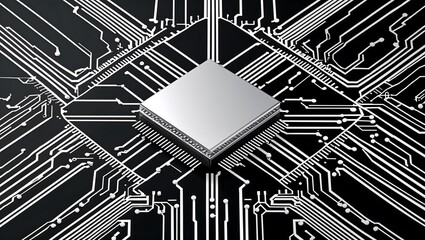 Central Microchip Digital Illustration with Intricate Circuit Lines on Black Background