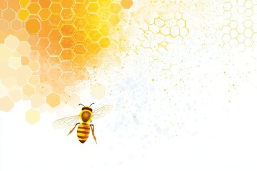 Honey Bee in Artistic Yellow Background with Honeycomb Patterns