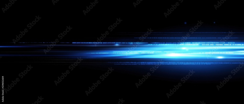 Poster abstract blue light streaks with binary code on black background concept of technology, data stream,