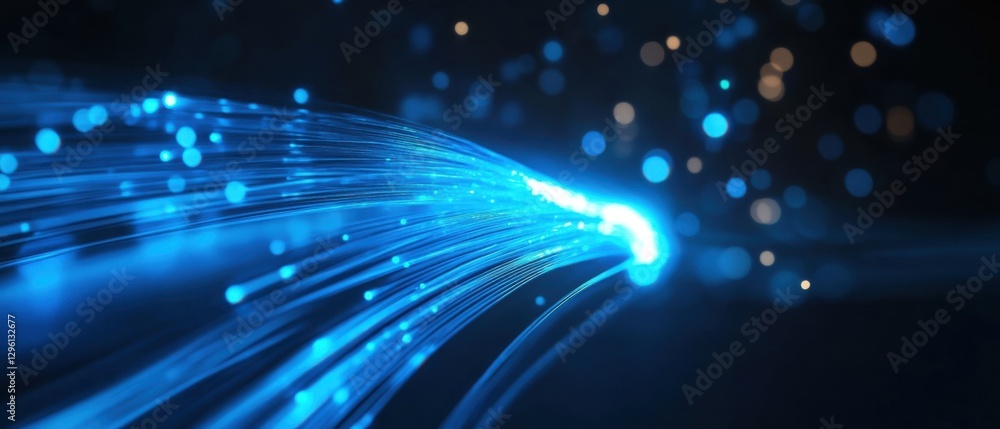 Poster abstract blue fiber optics with bokeh lights, representing high speed data transfer and modern techn