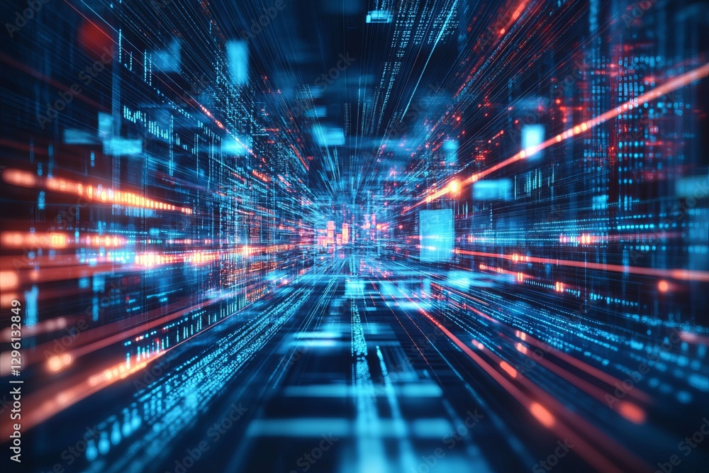 Poster abstract digital data stream tunnel blue red technology background futuristic network hightech innov