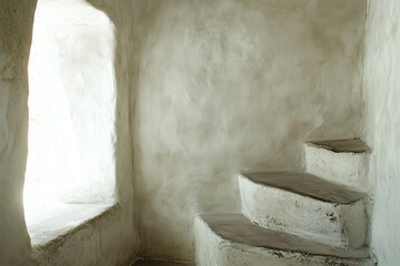 serene interior featuring spiral staircase and window, showcasing hand applied white plaster wall with subtle textures. soft light enhances calm atmosphere
