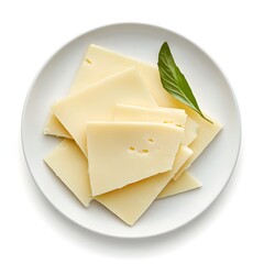 A small appetizer plate with slices of fresh Bryndza cheese, isolated on a white background.