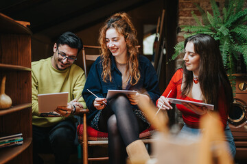 A group of friends sharing a cheerful moment, engaging in creative drawing sessions indoors.