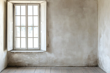 Fototapeta premium bright, empty room featuring large window with white shutters, showcasing hand troweled white plaster wall with faint swirling patterns. serene atmosphere invites creativity and calm