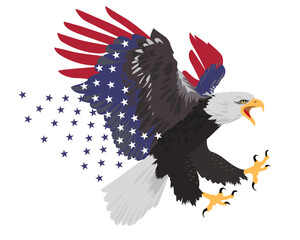 Bald Eagle with American flag. National symbol USA with wings painted of flag. Vector illustration. Patriotic brave bird flying to defend.