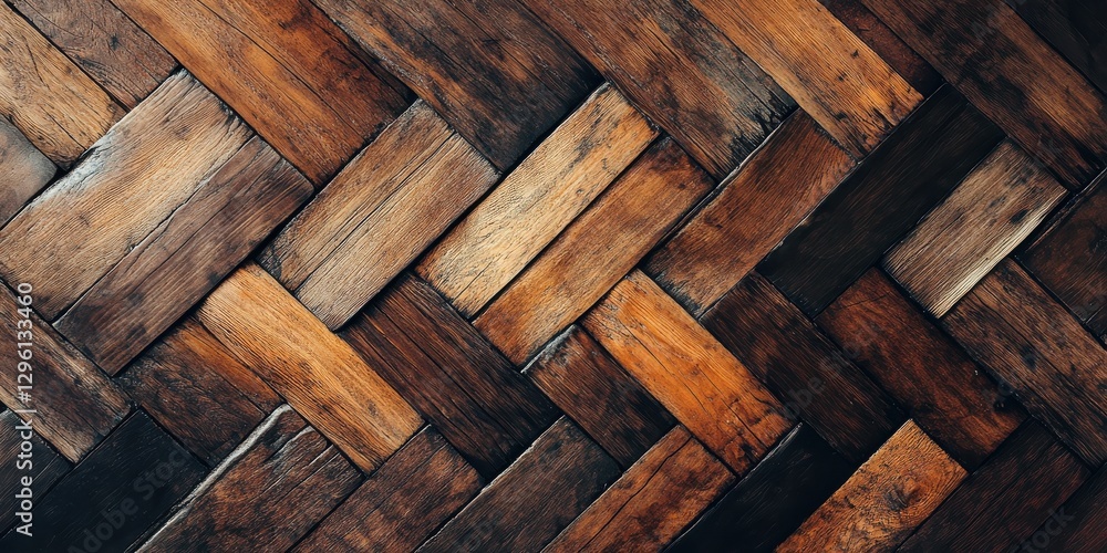 Poster rustic wooden floor with a textured herringbone pattern creating a warm aesthetic