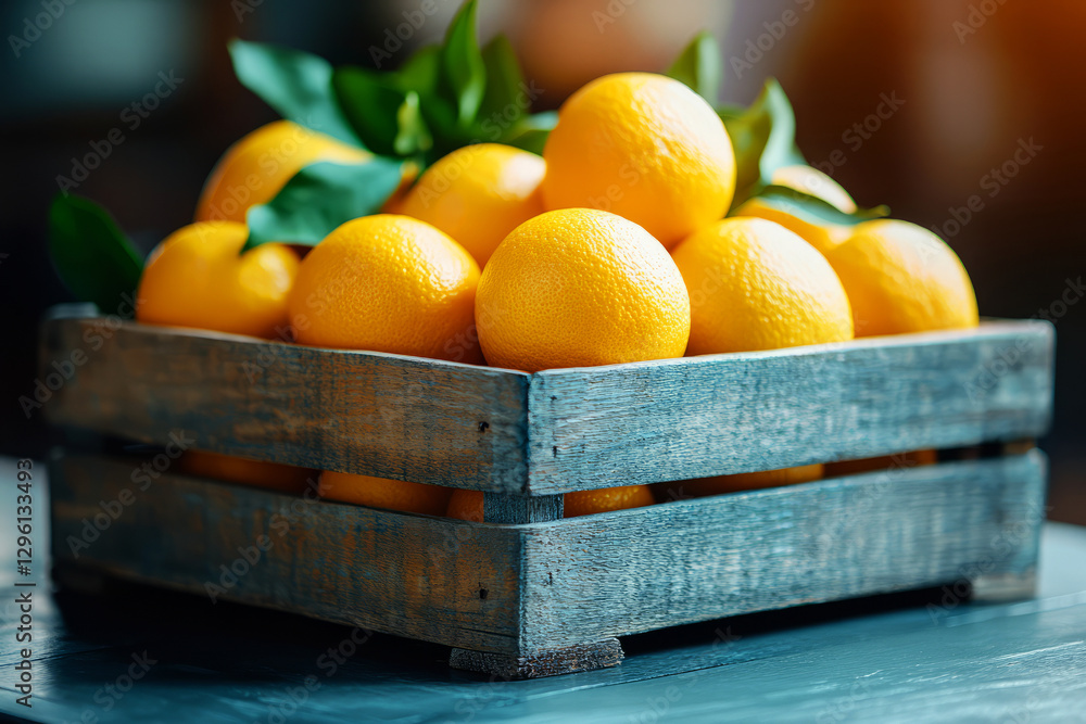 Poster Fresh Oranges in Wooden Crate Surrounded by Green Leaves on a Rustic Table Setting