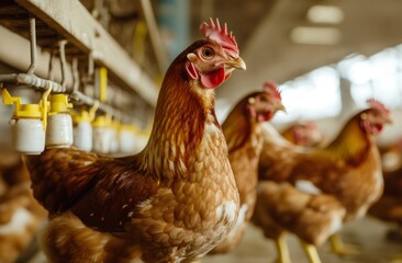 Brown hens drinking water at modern chicken farm, showcasing sustainable poultry production and animal welfare conditions