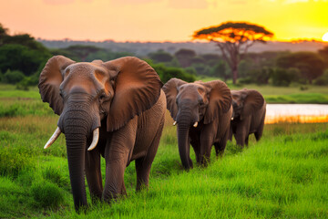 Fototapeta premium Family of Elephants Walking Through Lush Green Grass at Sunrise near a Serene Water Body