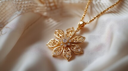 A luxurious gold necklace with an intricate floral pendant, resting on a white background