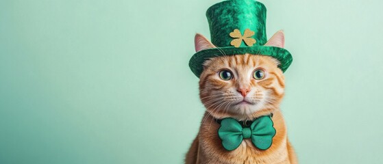 Fototapeta premium Ginger cat wearing green St Patricks Day hat and bow tie against a light green background, celebrating Irish culture and festive holiday