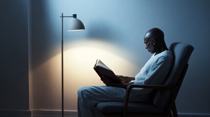 Rare illness patient reading an inspirational book in a cozy corner. Featuring mental well-being and motivation