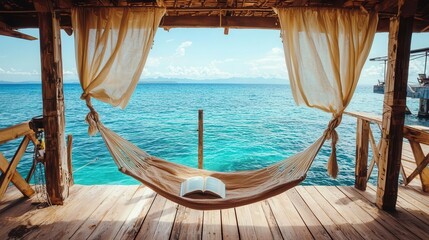 Obraz premium Serene Ocean View Hammock Relaxation with Book