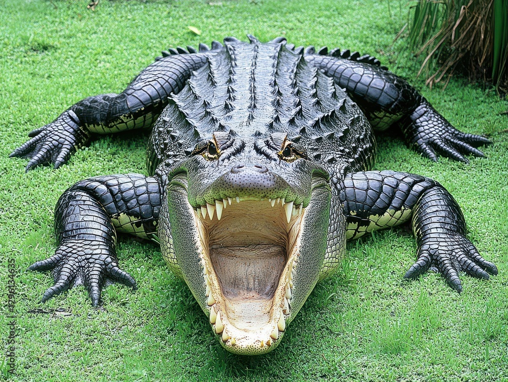 Poster majestic crocodile lying on green grass with mouth wide open displaying sharp teeth and textured sca