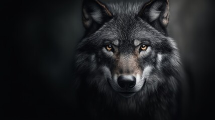 Fototapeta premium Majestic Wolf with Intense Gaze Against Dark Background Captivating and Powerful Presence