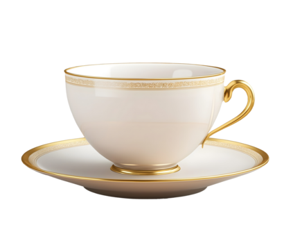 elegant white and gold porcelain tea cup with saucer isolated png transparent cutout