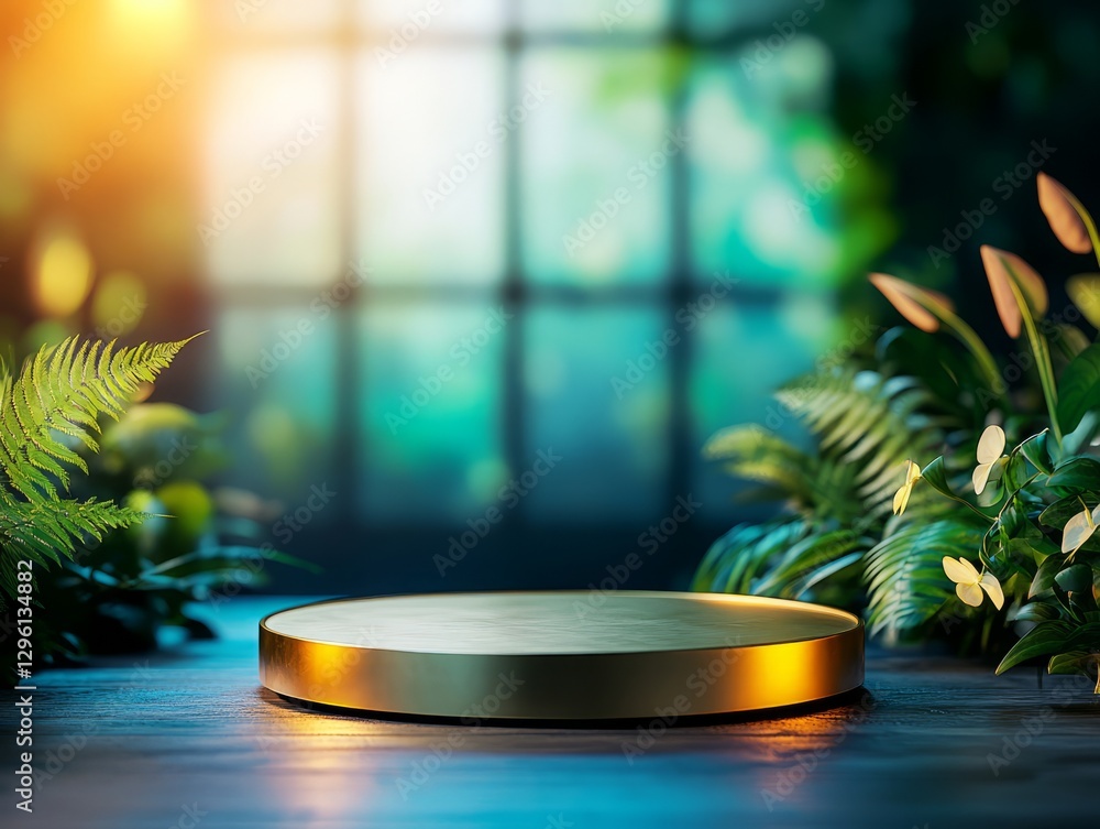 Poster elegant display stand surrounded by lush greenery and soft ambient light in a cozy setting