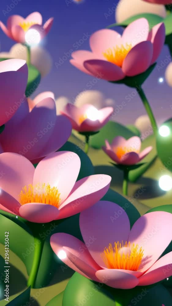 Aufkleber a close up of a field of pink flowers. the flowers are in various stages of bloom and are illuminate