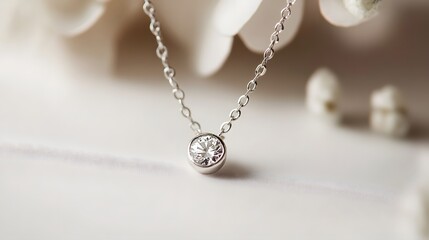 Fototapeta premium A delicate silver chain necklace with a small diamond pendant, displayed on a white surface