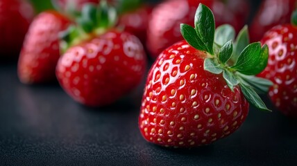 Fresh Strawberries Close Up with Vibrant Red Color and Green Leaves on Dark Background
