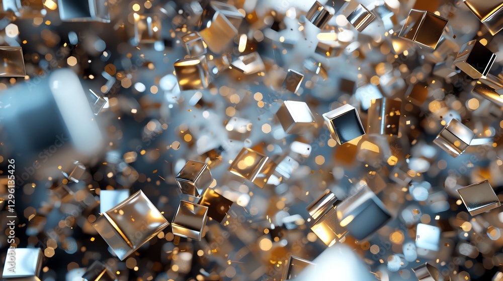 Poster a 3d rendering of a multitude of metallic cubes floating in mid-air, with a blurred background.