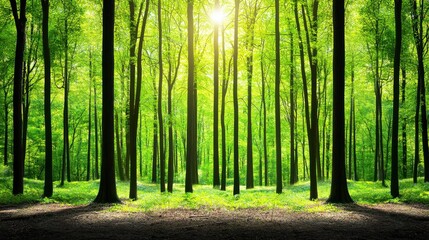 A serene forest scene with tall trees bathed in sunlight, creating a peaceful atmosphere amidst lush green foliage.