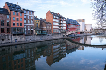 Namur, Belgium. Sambre river and houses along the river. Bridges. Wallonia.