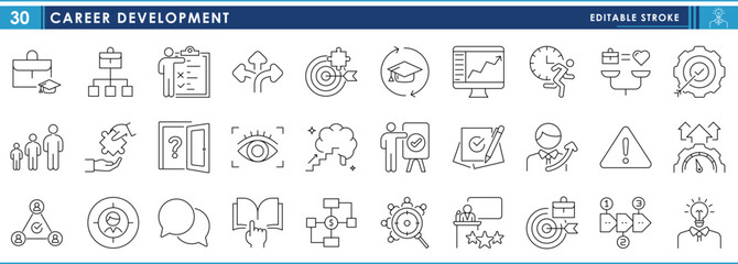 A set of line icons related to Career Development. Career, job, education, training, skill, target, efficient, idea, innovative, growth, and so on. Vector editable stroke.