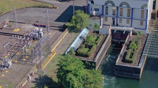 Hatillo Dam hydroelectric facility and power station, Sanchez Ramirez in Dominican Republic. Aerial drone view