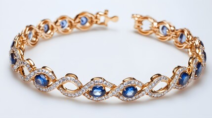 A luxury gold bracelet with alternating diamonds and sapphires, arranged on a white backdrop